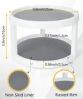 Two Tier Rotating Lazy Susan Organizer With Non Skid Base shown with dimensions and non-slip liner for pantry cabinets.