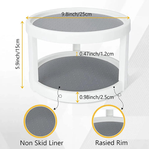 Two Tier Rotating Lazy Susan Organizer With Non Skid Base shown with dimensions and non-slip liner for pantry cabinets.
