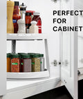 Two Tier Lazy Susan Spice Organizer 10 Inch Rotating Turntable for Cabinets and Countertops with spices displayed in a cabinet.