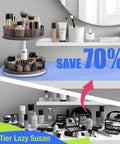 Two Tier Lazy Susan Turntable Organizer 11 Inch Grey shown on vanity with cosmetics, highlighting 360 degree rotating feature and adjustable height.