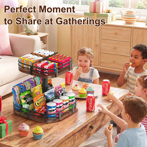 Two Tier Rotating Lazy Susan Turntable Organizer on table with snacks and drinks at a party, 12-inch wood design for kitchen or pantry storage.
