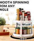 Two Tier Lazy Susan Spice Organizer 10 Inch Rotating Turntable on counter with spices, smooth 360 degree rotation
