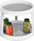 Two Tier Lazy Susan Spice Organizer 10 Inch Rotating Turntable for Cabinets, holding spice jars, white gray finish
