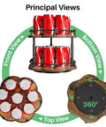 Front, top, and bottom view of Two Tier Wood Lazy Susan Spice Rack Organizer With 360 Degree Rotating Turntable holding cans.