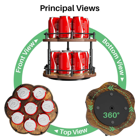 Front, top, and bottom view of Two Tier Wood Lazy Susan Spice Rack Organizer With 360 Degree Rotating Turntable holding cans.