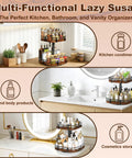 Two Tier Rotating Lazy Susan Turntable Organizer for kitchen and pantry with various items, adjustable height, shown on countertop