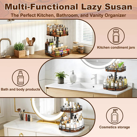 Two Tier Rotating Lazy Susan Turntable Organizer for kitchen and pantry with various items, adjustable height, shown on countertop