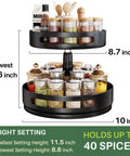 Two Tier Height Adjustable Lazy Susan Spice Rack For Cabinet And Countertop, Metal Turntable Organizer showing jars and spices on each level.