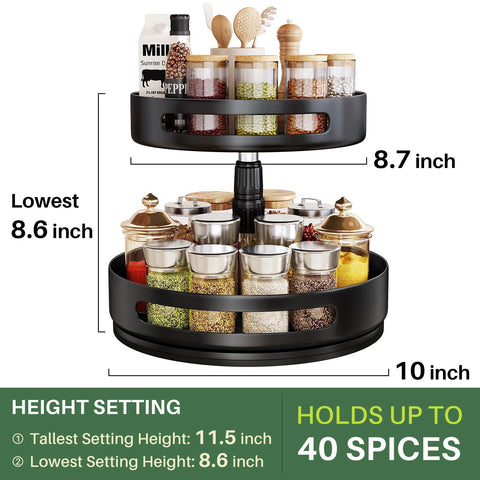 Two Tier Height Adjustable Lazy Susan Spice Rack For Cabinet And Countertop, Metal Turntable Organizer showing jars and spices on each level.