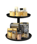 Two Tier Metal Lazy Susan Organizer Rotating Spice Rack for Kitchen Pantry and Countertop, black steel, top 9 inch, bottom 11 inch.