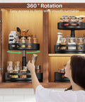Woman using Two Tier Height Adjustable Lazy Susan Spice Rack For Cabinet And Countertop with 360 Degree Rotation, storing spices.