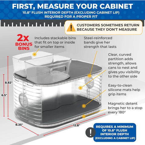 Image depicting Two-Tier Kitchen Rotating Canned Goods Organizer with measurements, includes turntable, steel reinforced, non-slip mats.
