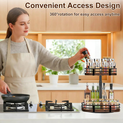 Two Tier Rotating Lazy Susan Turntable Organizer for Kitchen and Pantry shown with spices and jars in modern kitchen setting.