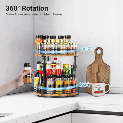 Two Tier Rotating Spice Organizer Turntable for Kitchen Cabinets Countertops and Pantries Height Adjustable Shelves with spices.