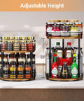 Two Tier Rotating Spice Organizer Turntable For Kitchen Cabinets Countertops And Pantries Height Adjustable Shelves with bottles