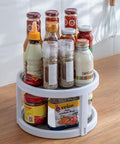 Two Tier Non Skid Spinning Spice Rack Turntable With 360 Degree Rotation, 10 Inch Lazy Susan Organizer, white and gray with spices