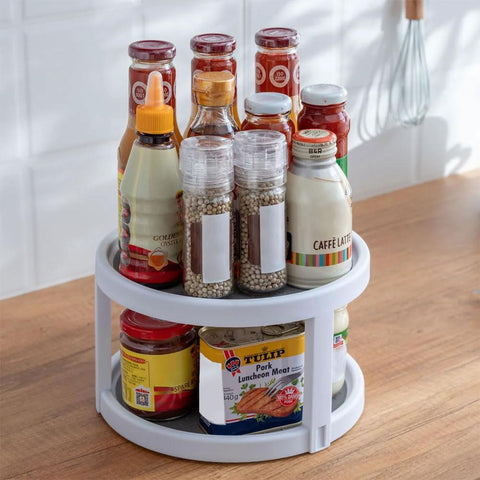 Two Tier Non Skid Spinning Spice Rack Turntable With 360 Degree Rotation, 10 Inch Lazy Susan Organizer, white and gray with spices