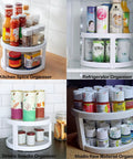 Two Tier Non Skid Spinning Spice Rack Turntable With 360 Degree Rotation, 10 Inch Lazy Susan in use as kitchen and fridge organizer.