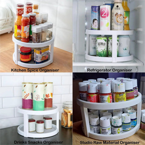 Two Tier Non Skid Spinning Spice Rack Turntable With 360 Degree Rotation, 10 Inch Lazy Susan in use as kitchen and fridge organizer.