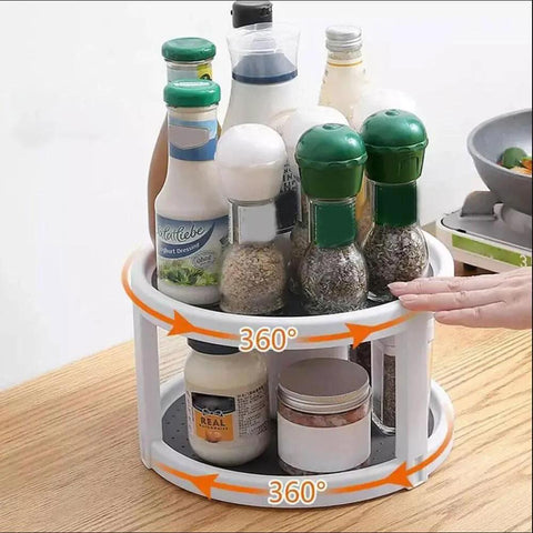 Two Tier Non Skid Spinning Spice Rack Turntable With 360 Degree Rotation, 10 Inch Lazy Susan Organizer filled with bottles and jars
