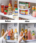 Before and after image featuring a Two Tier Non Skid Spinning Spice Rack Turntable With 360 Degree Rotation, showing organized spices and bottles.