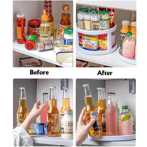 Before and after image featuring a Two Tier Non Skid Spinning Spice Rack Turntable With 360 Degree Rotation, showing organized spices and bottles.