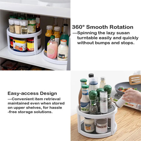 Two Tier Non Skid Spinning Spice Rack Turntable With 360 Degree Rotation in white and gray inside kitchen cabinet.