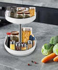 Two Tier Lazy Susan Turntable Spice Rack With Rotating Organizer And Adjustable Height on kitchen counter with spices
