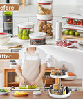 Two Tier Lazy Susan Turntable Spice Rack with organizer on kitchen counter for efficient storage and reduced clutter.