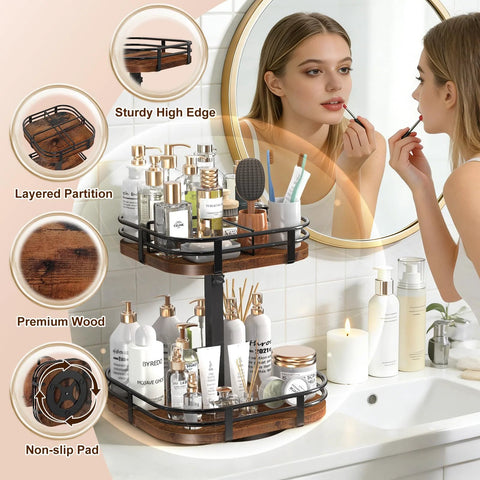 Two Tier Rotating Lazy Susan Turntable Organizer For Kitchen And Pantry, Adjustable Height from 13.5 to 20 Inches, used on vanity