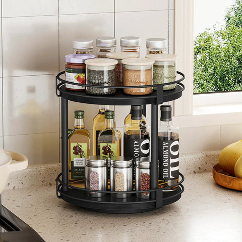 Two Tier Wooden Lazy Susan Spice Rack With 360 Degree Rotation For Cabinet Or Countertop, Space Saving Spices Organizer in kitchen
