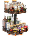 Two Tier Rotating Lazy Susan Turntable Organizer For Kitchen And Pantry, holding jars and bottles, adjustable height from 13.5 to 20 inches
