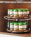 Two Tier Wood Lazy Susan Spice Rack Organizer With 360 Degree Rotating Turntable in cabinet, holding spice jars, 10 inch diameter.