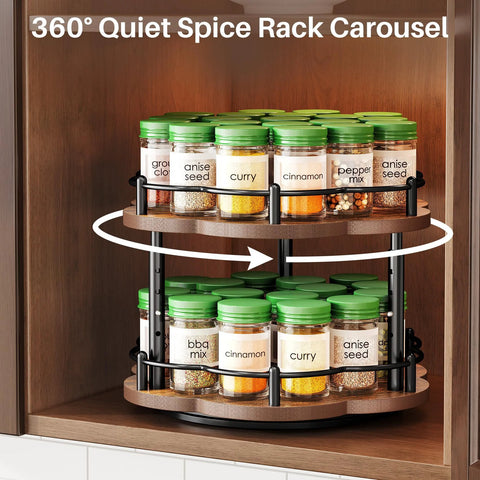 Two Tier Wood Lazy Susan Spice Rack Organizer With 360 Degree Rotating Turntable in cabinet, holding spice jars, 10 inch diameter.