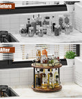 Before and after using 12 Inch Wood Lazy Susan Two Tier Rotating Spice Rack Turntable Organizer for kitchen countertops and cabinets.