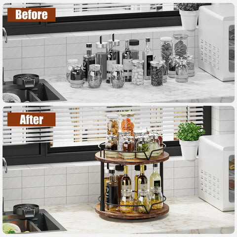 Before and after using 12 Inch Wood Lazy Susan Two Tier Rotating Spice Rack Turntable Organizer for kitchen countertops and cabinets.