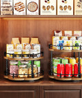 Two Tier Wood Lazy Susan Spice Rack Organizer With 360 Degree Rotating Turntable For Cabinet and Countertop, shelves with spices