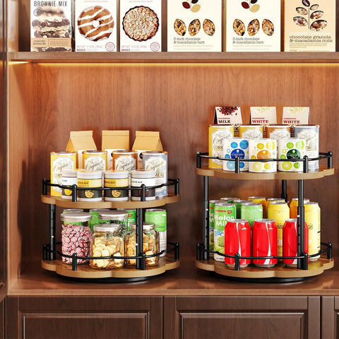 Two Tier Wood Lazy Susan Spice Rack Organizer With 360 Degree Rotating Turntable For Cabinet and Countertop, shelves with spices