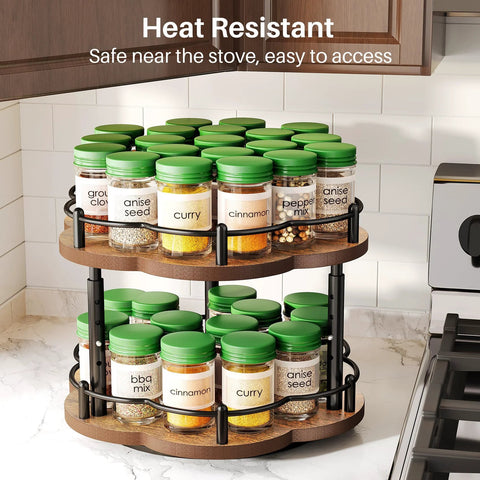 Two Tier Wood Lazy Susan Spice Rack Organizer With 360 Degree Rotating Turntable full of spice jars on kitchen counter