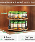 Two Tier Wood Lazy Susan Spice Rack Organizer With 360 Degree Rotating Turntable in cabinet interior with measurements shown
