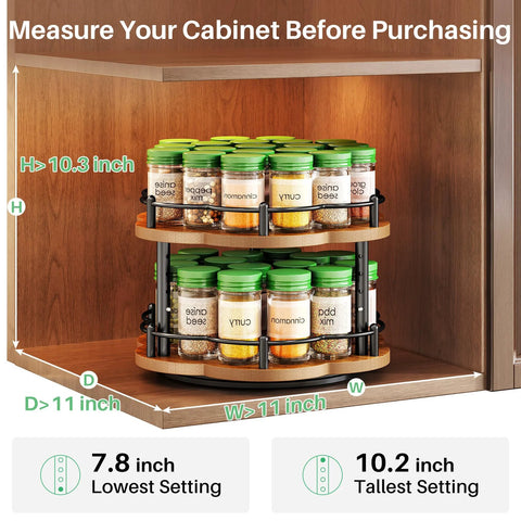 Two Tier Wood Lazy Susan Spice Rack Organizer With 360 Degree Rotating Turntable in cabinet interior with measurements shown