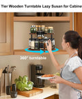 Two Tier Wooden Spinning Lazy Susan Spice Rack With U Shape Design for tall and short bottles in kitchen cabinet