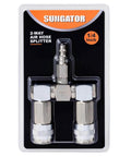 Two Way Air Hose Splitter With 1/4 Inch Quick Connect Fittings in packaging, includes 2 universal couplers and industrial air plug