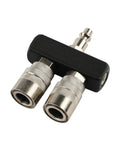 Two Way Straight Air Manifold Splitter With Dual One Quarter Inch Quick Connect Couplers And One Quarter Inch NPT Male Plug Aluminum Body