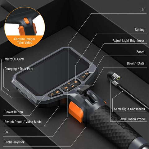 Two-Way Articulating Borescope with Light showing labelled components including display, controls, and flexible probe.