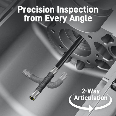 Two-Way Articulating Borescope with Light inspecting engine block, showing flexible probe and 2-way articulation for precision inspection.