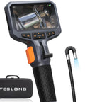 Two-Way Articulating Borescope with Light showing display and articulated probe next to carrying case