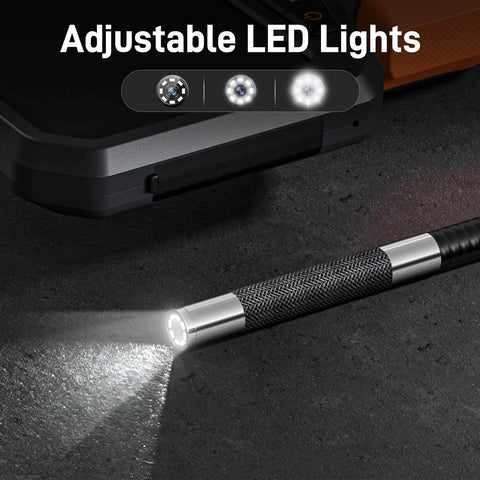 Close-up of Two-Way Articulating Borescope with Light showing adjustable LED lights and flexible probe for inspection use