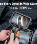 Two-Way Articulating Borescope with Light showing engine close-up on 4.5-inch IPS screen, ideal for detailed inspections