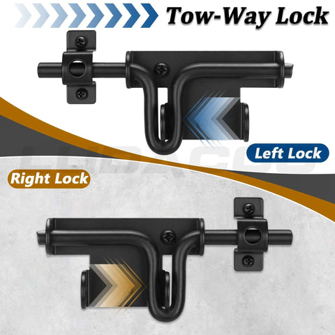 Dual left and right view of Two Way Slide Bolt Gate Latch Door Lock For Heavy Duty Fences And Barn Doors Black With Padlock Locking Hole